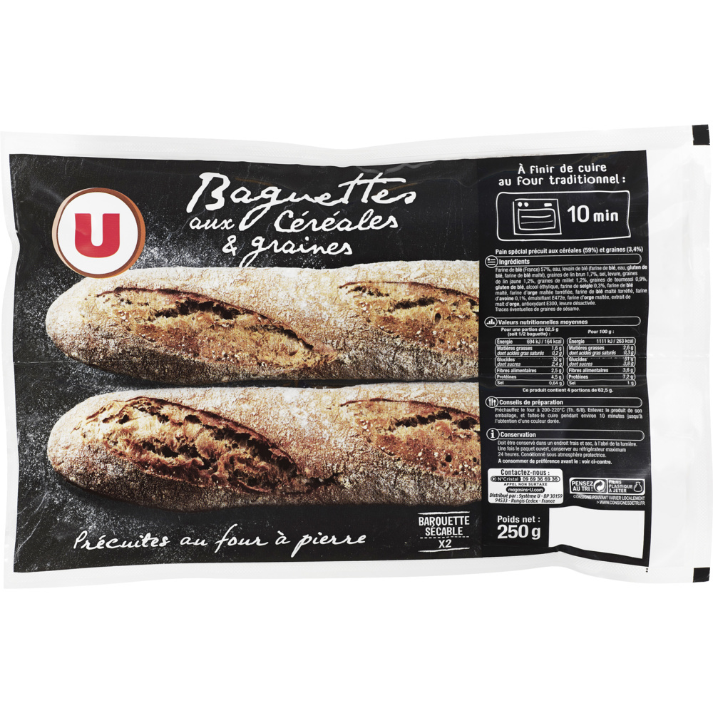Demi-baguette aux céréales et graines précuite  U