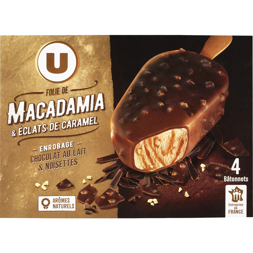 Bâtonnets glacés folie de macadamia et éclats de caramel, enrobage chocolat au lait et noisettes U 